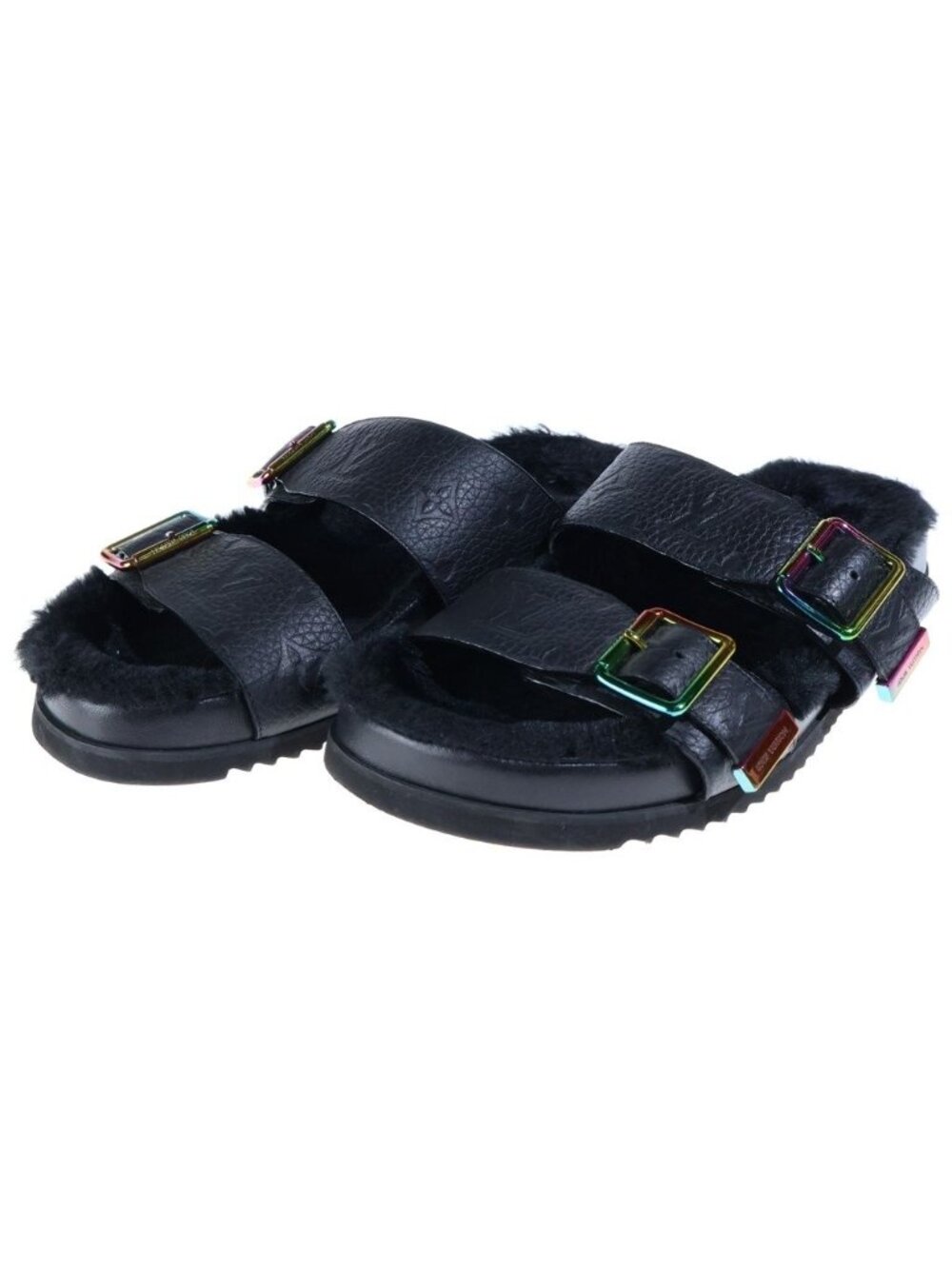Louis Vuitton Monogram Mirabeau Line Empreinte Leather Sandals Shoes Fur Black